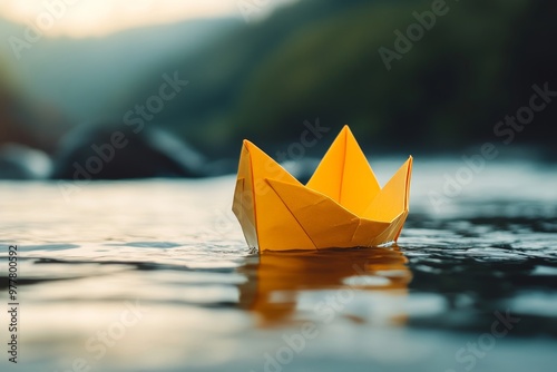 Yellow paper boat changing course  a symbol of leadership, vision, and seizing opportunities photo