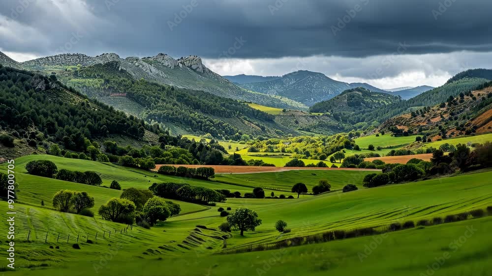 Explore the lush green valleys of Teruel during a dramatic cloudy afternoon Explore the lush green valleys of Teruel during a dramatic cloudy afternoon