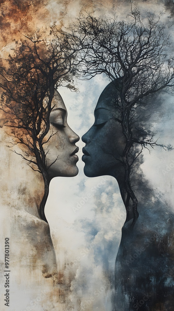 Art Painting for Pictures with Two Human Faces Blended with Nature, Facing Each Other, Abstract Image, Texture, Pattern Background, Wallpaper, Cover and Screen for Smartphone, PC, Laptop, 9:16 and 16: Art Painting for Pictures with Two Human Faces Blended with Nature, Facing Each Other, Abstract Image, Texture, Pattern Background, Wallpaper, Cover and Screen for Smartphone, PC, Laptop, 9:16 and 16: