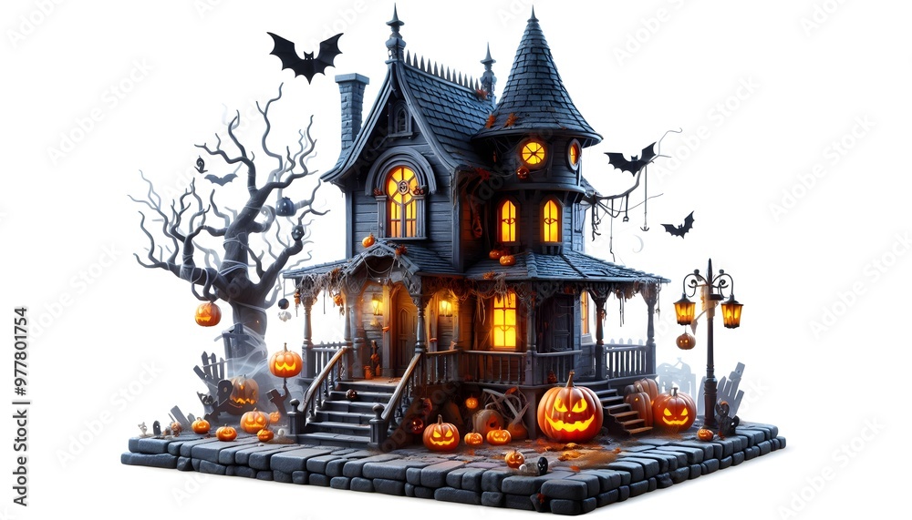 Fototapeta premium 3d Halloween spooky house with tree and ghost pumpkin vector illustration