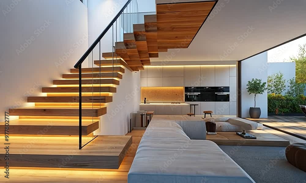 Modern Staircase with Wooden Steps and Glass Railing