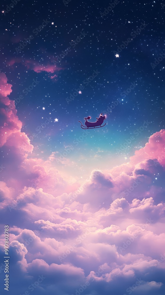 Surreal artwork of a person floating among pink clouds and stars, creating a dreamlike and magical atmosphere at night. Surreal artwork of a person floating among pink clouds and stars, creating a dreamlike and magical atmosphere at night.