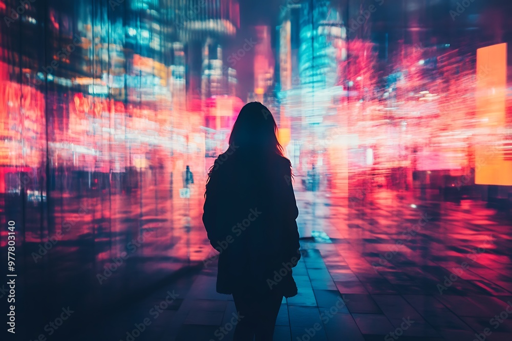 Silhouette of a Woman in a Futuristic Cityscape with Neon Lights Silhouette of a Woman in a Futuristic Cityscape with Neon Lights