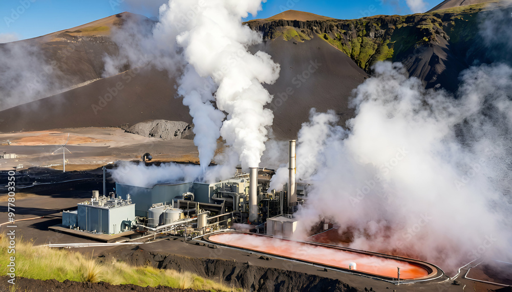 Fototapeta premium Steam rising from geothermal power plants in a volcanic region, utilizing Earth's natural heat for sustainable energy