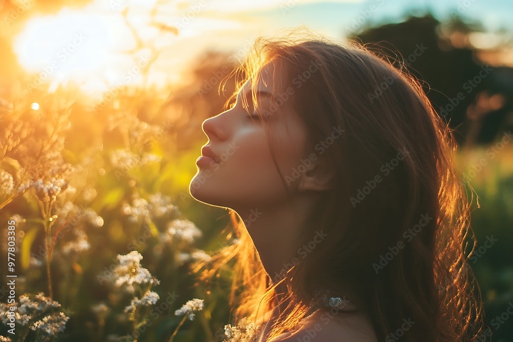 Woman enjoying sunset in a field of wildflowers, peace, mindfulness, and tranquility Woman enjoying sunset in a field of wildflowers, peace, mindfulness, and tranquility