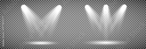 Scene illumination collection, transparent effects. Bright lighting with spotlights.