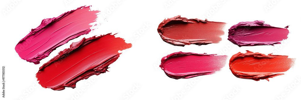 Different colors of lipstick swatches, isolated on a transparent background.