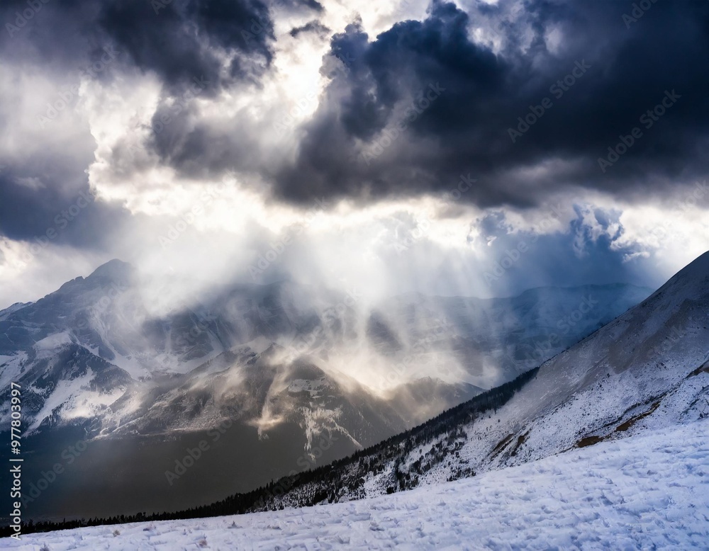 Dramatic snow-capped peaks with storm clouds gathering above, creating a powerful winter scene Dramatic snow-capped peaks with storm clouds gathering above, creating a powerful winter scene