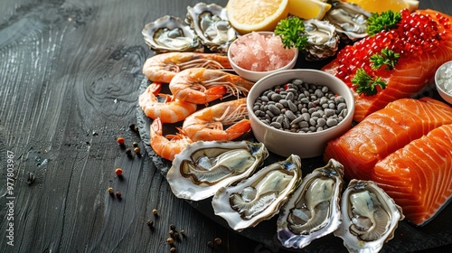 Seafood plate: shrimp, salmon, oysters, black caviar in abundance on a black wooden background