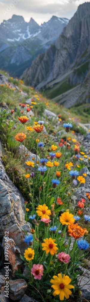 Brightly colored flowers grow on a rocky hillside in the mountains, wildflowers, vertical background Brightly colored flowers grow on a rocky hillside in the mountains, wildflowers, vertical background
