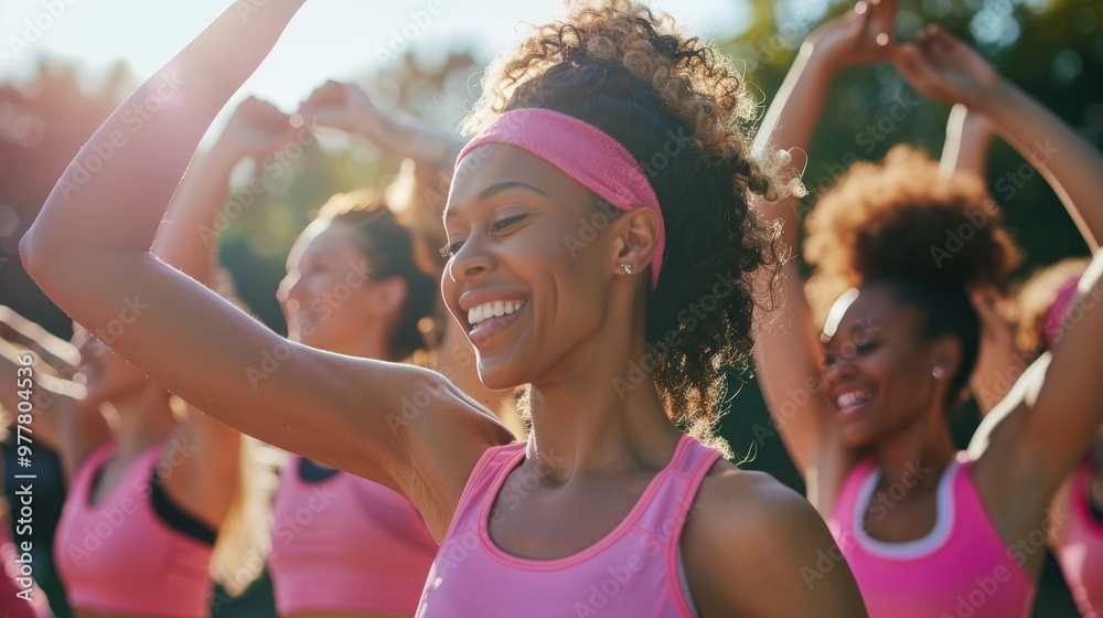 Supportive Women's Outdoor Fitness Class in Pink for Breast Cancer Awareness on a Sunny Day Supportive Women's Outdoor Fitness Class in Pink for Breast Cancer Awareness on a Sunny Day
