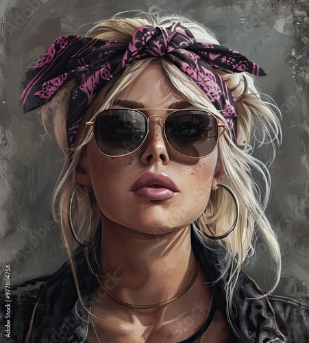 Fotografie Stylish Blonde Woman with Bandana, Sunglasses, and Hoop Earrings in Edgy Urban P