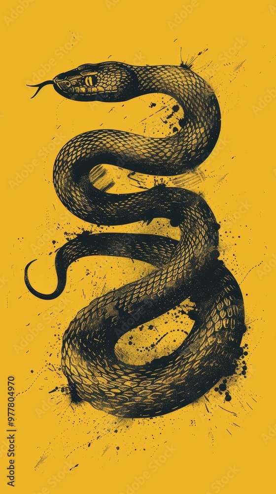 A bold illustration of a snake against a vibrant yellow background, showcasing intricate details and a striking design. A bold illustration of a snake against a vibrant yellow background, showcasing intricate details and a striking design.