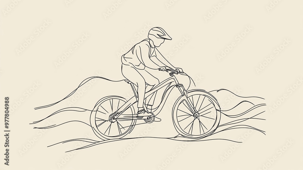 A person is riding a mountain bike. The bike is drawn in a single, continuous line. A person is riding a mountain bike. The bike is drawn in a single, continuous line.