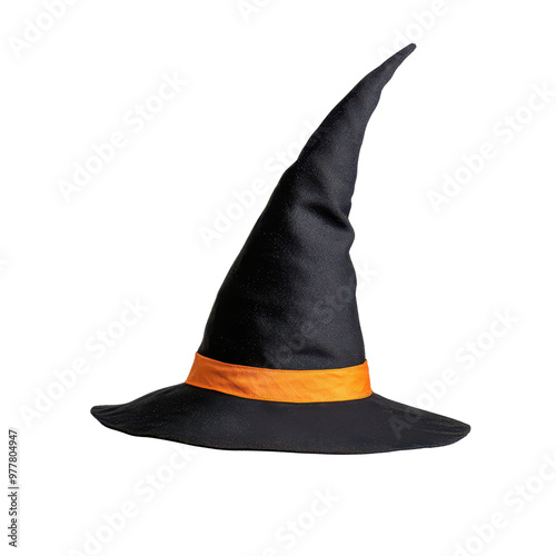 A classic black witch hat with an orange band, perfect for Halloween costumes and themed parties. PNG file, Transparent background. photo