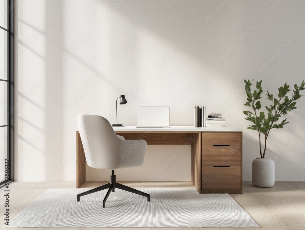 Fototapeta premium Minimalist work area with wooden desk and chair
