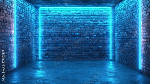 A room with a cool blue backdrop, featuring a vintage brick wall with neon lights. The space is empty, ready for your own design.