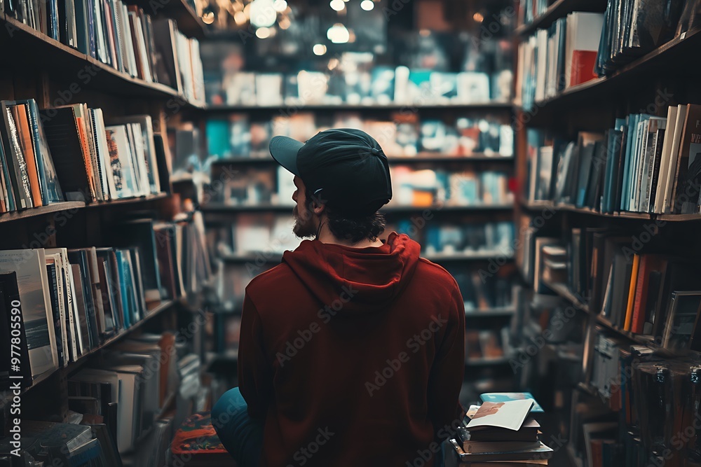 Man browsing books in a bookstore aisle. Concept of literature, reading, and knowledge. Man browsing books in a bookstore aisle. Concept of literature, reading, and knowledge.