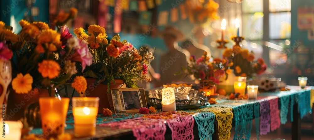 Fototapeta premium Vibrant Día de los Muertos Altar in Modern Home, Decorated with Flowers, Candles, and Colorful Papel Picado Banners