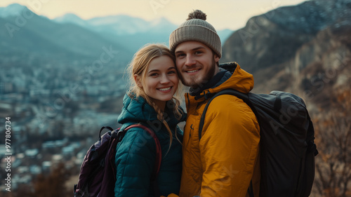 outdoor adventure, destination, holiday, healthy lifestyle, active lifestyle, young, smiling, view, mountain, hiking, dating, heterosexual couple, hugs, happiness, girlfriend, friendship, embracing, e