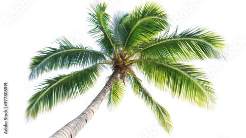 A beautiful palm tree with vibrant green leaves, captured from below against a clear background, perfect for tropical themes.