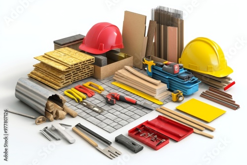 3d illustration of isolated construction materials and tools on a white background photo