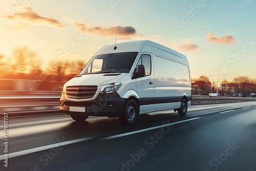 White modern delivery small shipment cargo courier van moving fast on motorway road to city