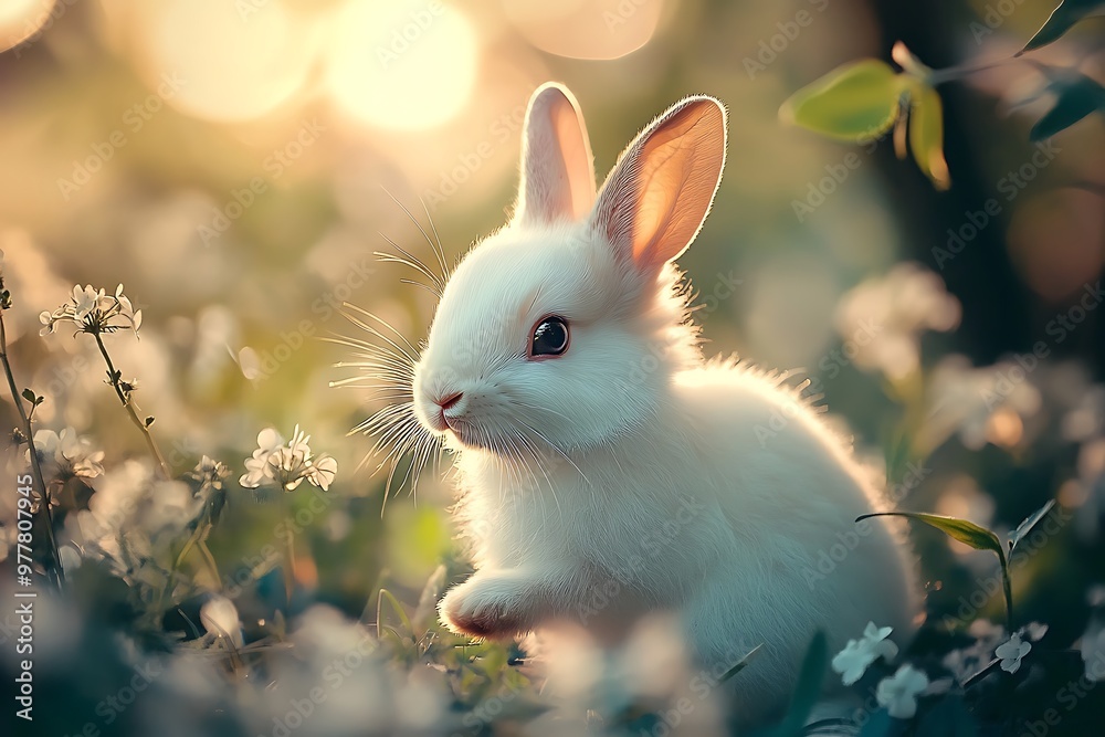 Cute white bunny rabbit in the springtime garden with flowers and soft light Cute white bunny rabbit in the springtime garden with flowers and soft light