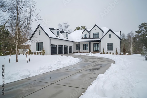 Modern White House with Snow Covered Yard