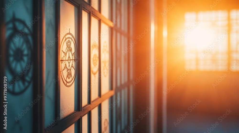 Morning light streaming through a window with zodiac symbols reflected on a wall, ethereal and calming Morning light streaming through a window with zodiac symbols reflected on a wall, ethereal and calming