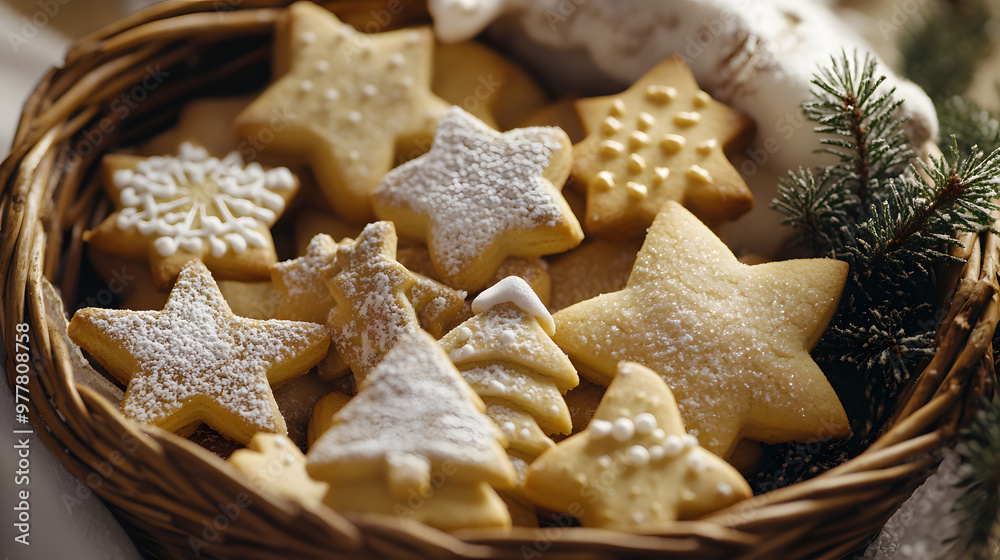 A basket of freshly baked Christmas cookies in various shapes like stars trees and bells dusted with icing sugar and ready to be shared. A basket of freshly baked Christmas cookies in various shapes like stars trees and bells dusted with icing sugar and ready to be shared.