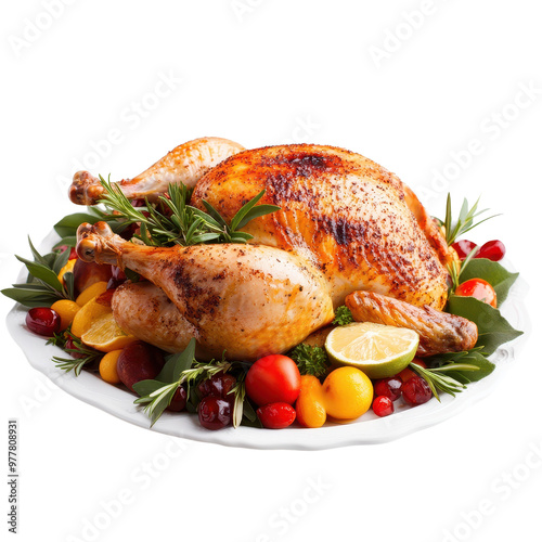 A beautifully roasted turkey garnished with fresh herbs and colorful fruits, perfect for festive celebrations or family gatherings. PNG file, Transparent background.