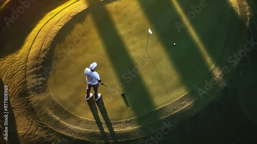 A golfer before hitting a golf ball. Golf game top view photo