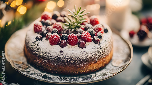 A beautifully presented Christmas cake topped with powdered sugar berries and a sprig of rosemary set on a festive dinner table.