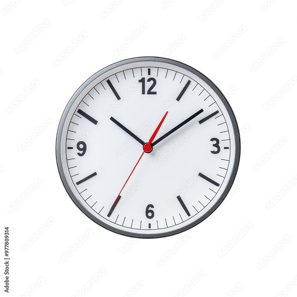 A minimalist wall clock displaying the time with clear black and red hands on a white background, ideal for modern decor. PNG file, Transparent background. A minimalist wall clock displaying the time with clear black and red hands on a white background, ideal for modern decor. PNG file, Transparent background.