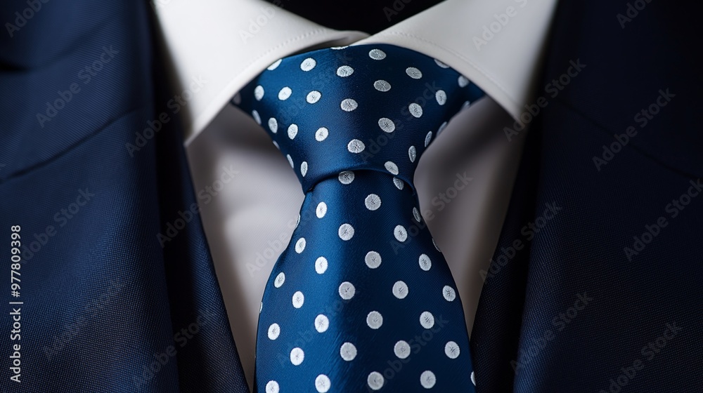 A close-up of a blue polka dot tie paired with a white shirt, neatly knotted and worn with a navy suit, representing professional style and elegant fashion A close-up of a blue polka dot tie paired with a white shirt, neatly knotted and worn with a navy suit, representing professional style and elegant fashion