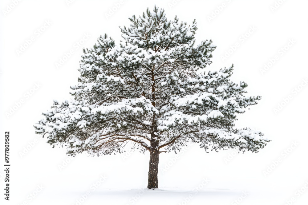 A solitary evergreen tree covered in fresh snow against a white background, showcasing winter's tranquil beauty. A solitary evergreen tree covered in fresh snow against a white background, showcasing winter's tranquil beauty.