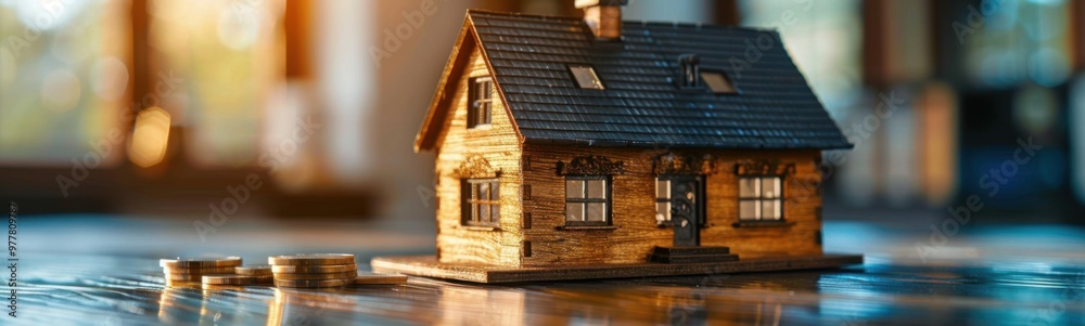 Small wooden house with coins on a table, real estate, banner, copy space Small wooden house with coins on a table, real estate, banner, copy space