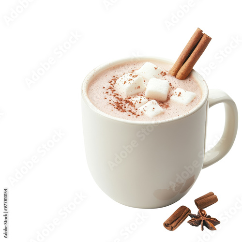 Delicious hot chocolate topped with marshmallows and cinnamon, perfect for cozy moments or winter nights. PNG file, Transparent background.