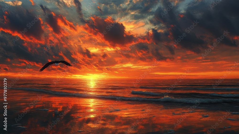 A lone bird flies through a fiery sunset sky over an ocean A lone bird flies through a fiery sunset sky over an ocean