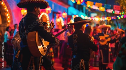 Vibrant Mariachi Band Performing at Día de los Muertos with Colorful Decorations and Dancing Participants photo