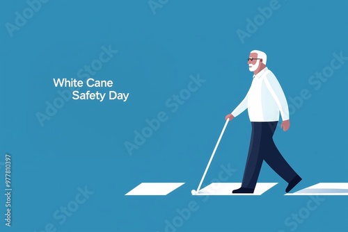 
White Cane Safety Day vector illustration with a blind man crossing the street, text 