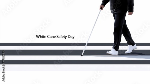
White Cane Safety Day vector illustration with a blind man crossing the street, text 