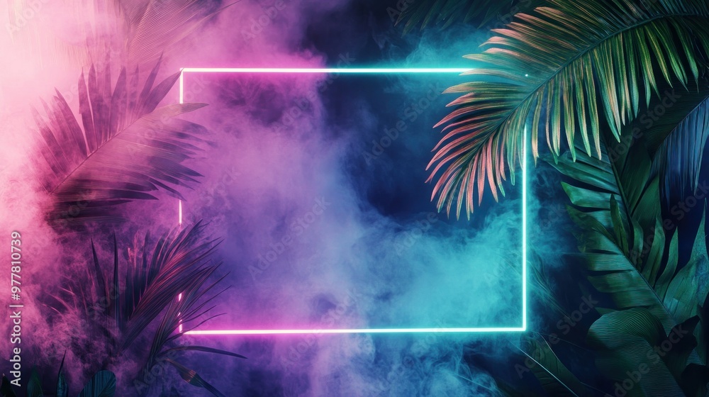 Neon Glow Frame with Tropical Leaves and Smoke Neon Glow Frame with Tropical Leaves and Smoke