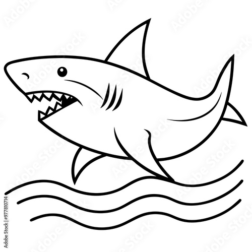 Shark swimming with its dorsal fin breaking the water, sharp teeth visible vector