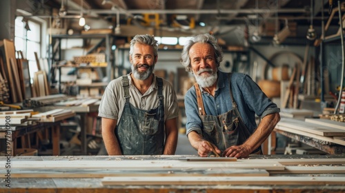 Two carpenters at the table with tools at the production . Woodworkers at the production site