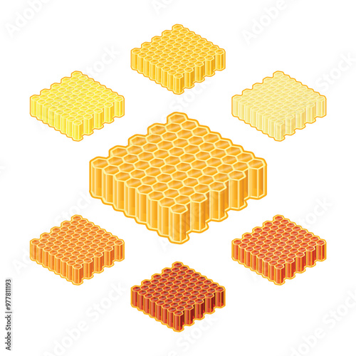 Vector different shades or sorts of honey into honeycombs in isometric style