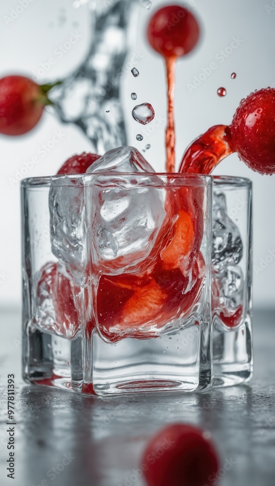 A glass of red liquid with ice cubes and a few red cherries floating in it A glass of red liquid with ice cubes and a few red cherries floating in it