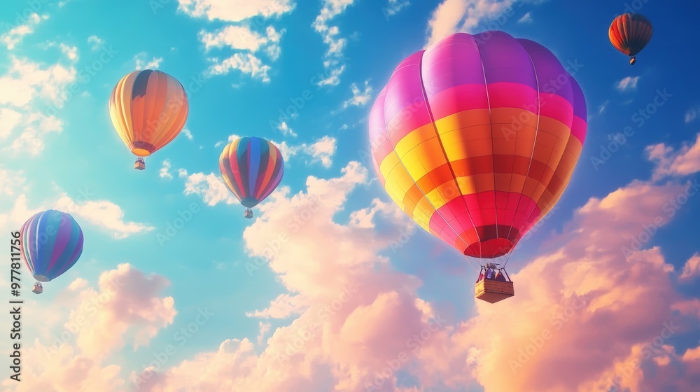 Colorful hot air balloons float in a vibrant sky. Colorful hot air balloons float in a vibrant sky.