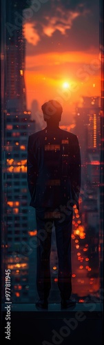 Man standing on a ledge looking out at the city, silhouette of a businessman, vertical background, business background